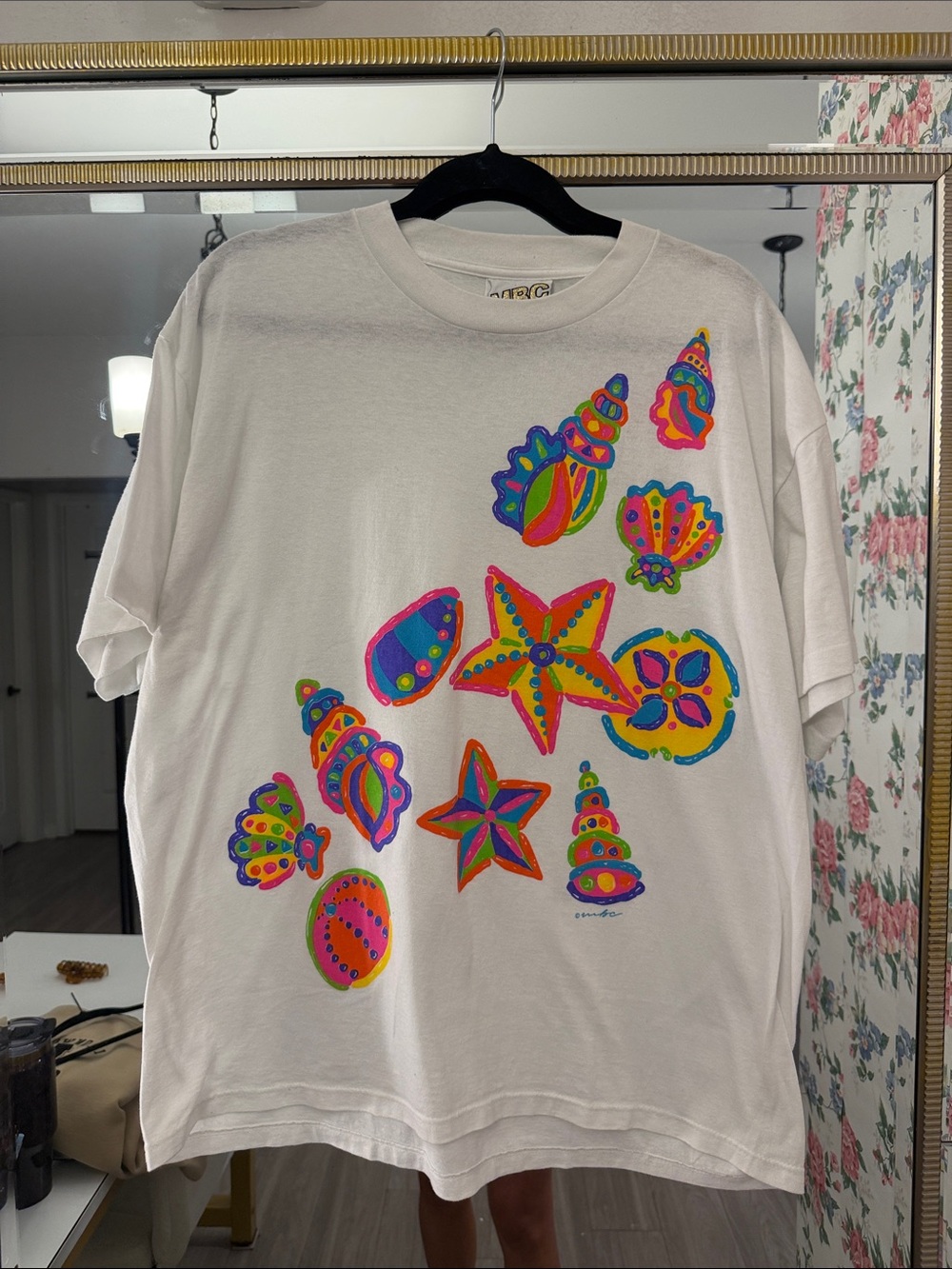 Shell Print T-Shirt with Neon Accents vintage hand made
